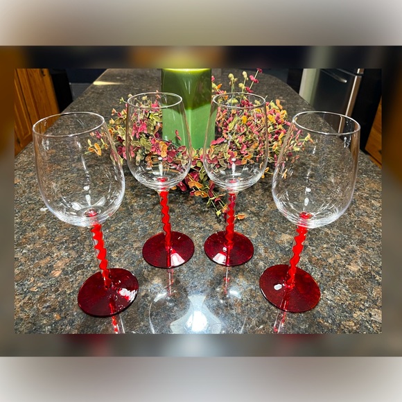 Unbranded/Pier 1 ???? Other - Pier 1? Set of Four-Red Encased Twirl Stem Pattern Wine Glasses With Red Base